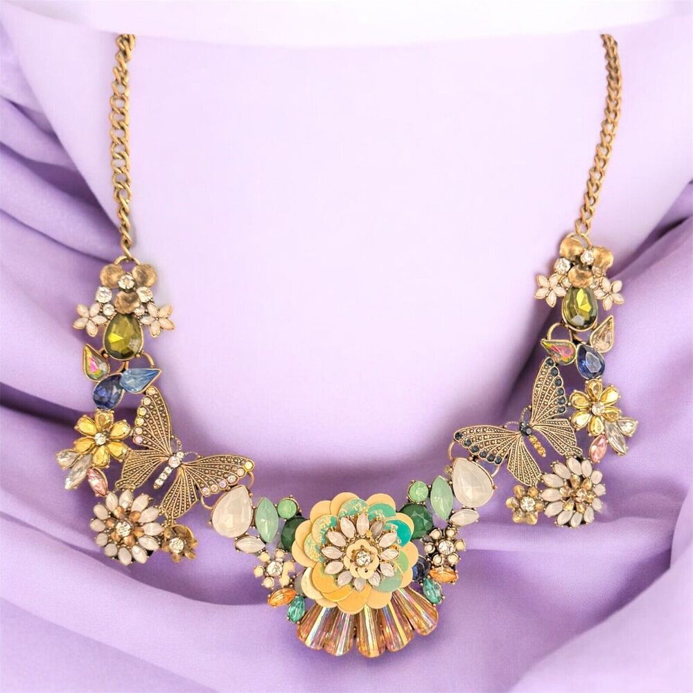 Ann Taylor Signed Necklace Blue Green Rhinestones, Lucite, Pearls, Gold-Plated